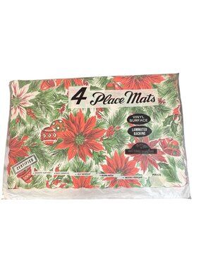 1950's Christmas Placemats Vinyl Poinsettia Print Stain Resistant Retro Sealed 4